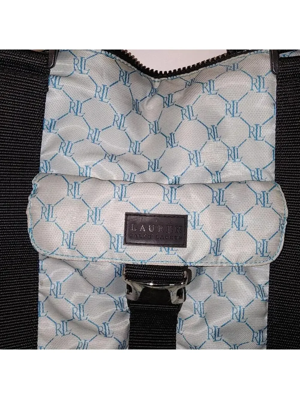 Vintage Ralph Lauren Buckle Shoulder tote Monogram Handbag Bag Blue Large Preppy